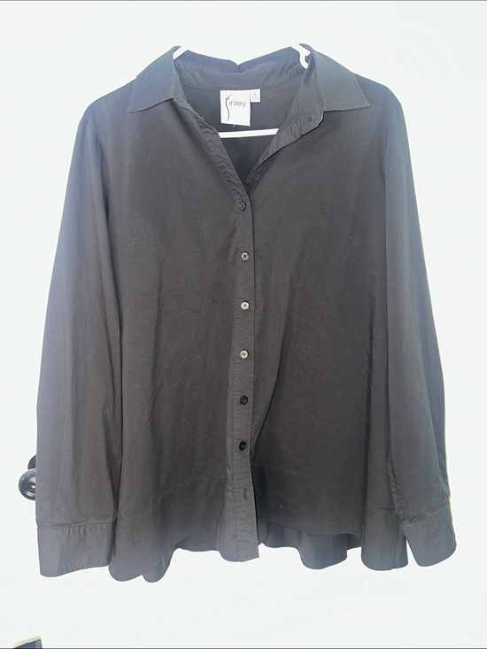 Finley Tops - Finley Black Button-Down Blouse Open Back Ruffle Size L Designer Cotton